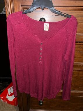 Faded Glory Sparkle Henley Long Sleeve Top - Wine